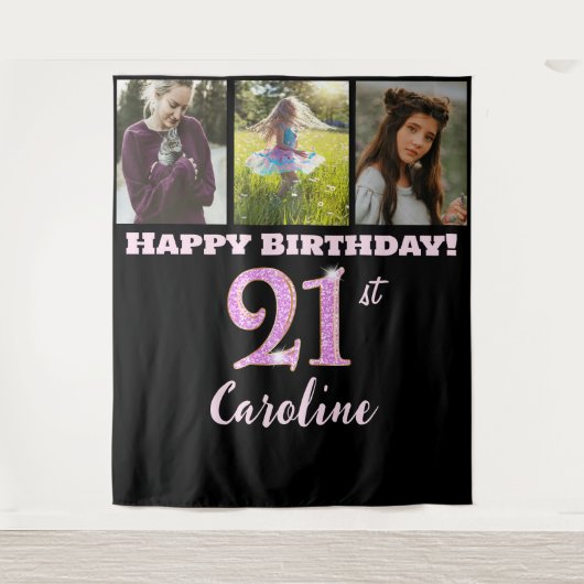 幸せな21歳の誕生日パーティー、ピンクのグリッターと3枚の写真 タペストリー (正面)
