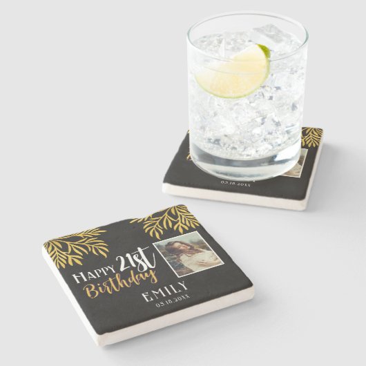 幸せな21歳の誕生日金ゴールドの葉の写真パーティー ストーンコースター (横)