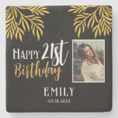 幸せな21歳の誕生日金ゴールドの葉の写真パーティー ストーンコースター (正面)