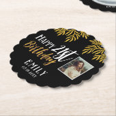 幸せな21歳の誕生日金ゴールドの葉の写真パーティー ペーパーコースター (アングル)