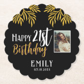 幸せな21歳の誕生日金ゴールドの葉の写真パーティー ペーパーコースター (正面)