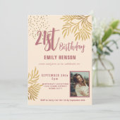 幸せな21歳の誕生日金ゴールドの葉の写真パーティー 招待状 (スタンド正面)