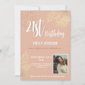 幸せな21歳の誕生日金ゴールドの葉の写真パーティー 招待状 (正面)