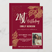 幸せな21歳の誕生日金ゴールドの葉の写真パーティー 招待状 (正面/裏面)