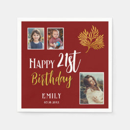 幸せな21歳の誕生日金ゴールドの葉3写真パーティー スタンダードカクテルナプキン