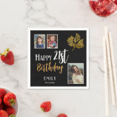 幸せな21歳の誕生日金ゴールドの葉3写真パーティー スタンダードカクテルナプキン (インサイチュ)