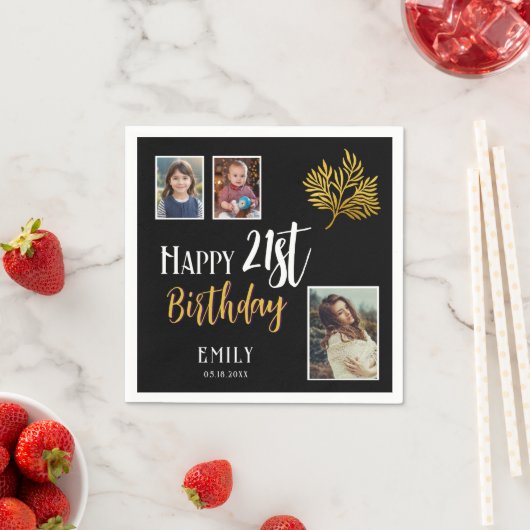 幸せな21歳の誕生日金ゴールドの葉3写真パーティー スタンダードカクテルナプキン (インサイチュ)