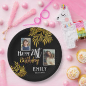 幸せな21歳の誕生日金ゴールドの葉3写真パーティー ペーパープレート (パーティー)