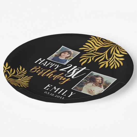 幸せな21歳の誕生日金ゴールドの葉3写真パーティー ペーパープレート (アングル)