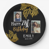 幸せな21歳の誕生日金ゴールドの葉3写真パーティー ペーパープレート (正面)