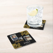 幸せな21歳の誕生日金ゴールド葉2写真パーティー スクエアペーパーコースター (インサイチュ)