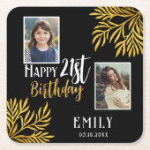 幸せな21歳の誕生日金ゴールド葉2写真パーティー スクエアペーパーコースター (正面)