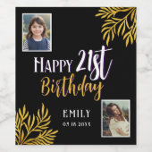 幸せな21歳の誕生日金ゴールド葉2写真パーティー ワインラベル (シングルラベル)