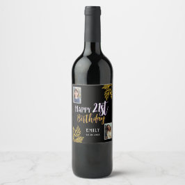幸せな21歳の誕生日金ゴールド葉2写真パーティー ワインラベル