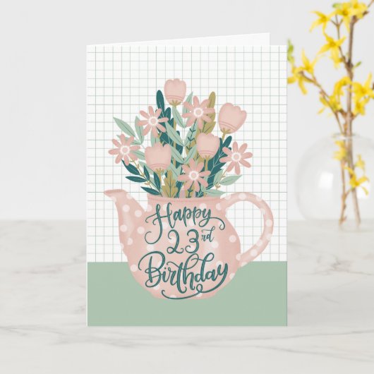 幸せな23誕生日と水玉模様ティーポットの花 カード (黄色い花)