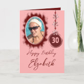 幸せな30歳の誕生日の花バーガンディ写真 カード (正面)