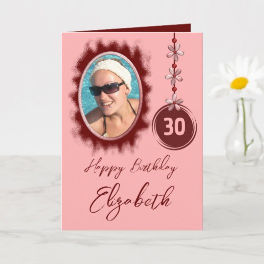 幸せな30歳の誕生日の花バーガンディ写真 カード (小さな植物)