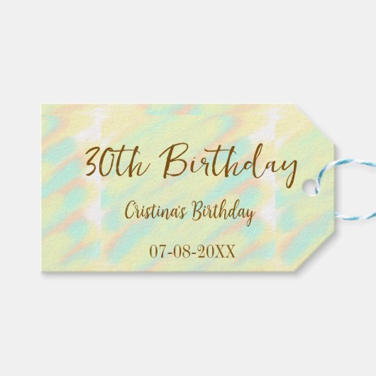 幸せな30歳の誕生日イエローオレンジ色の水色のモダー ギフトタグ (正面(横))