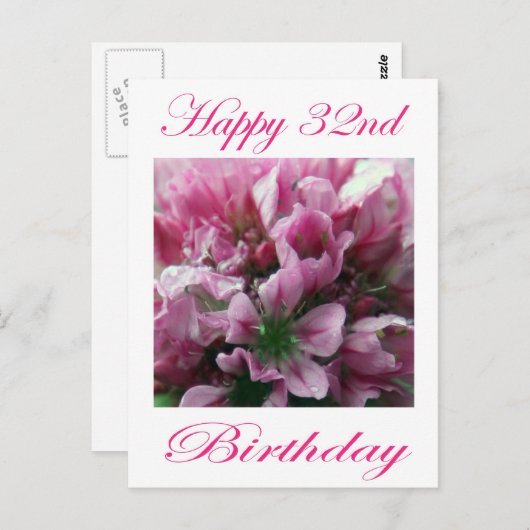幸せな32誕生日ピンクと緑の花 ポストカード (正面/裏面)