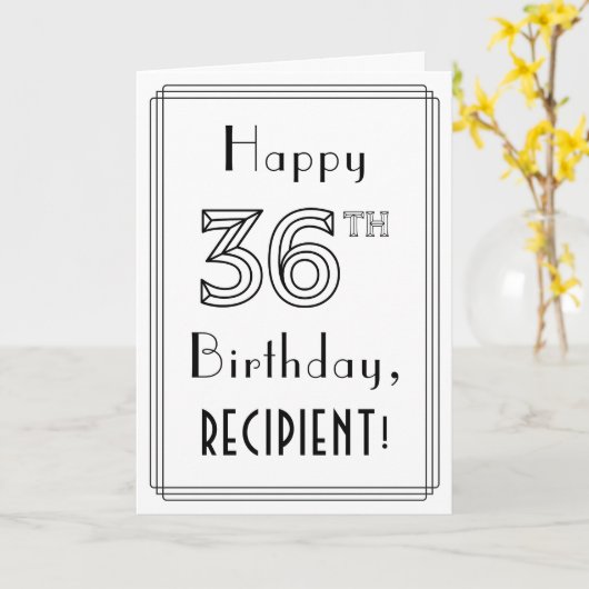 幸せな36番目の誕生日、アールデコスタイルと名前をカスタムする カード (黄色い花)