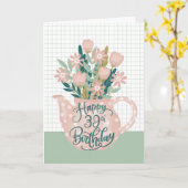 幸せな39誕生日と水玉模様ティーポットの花 カード (黄色い花)