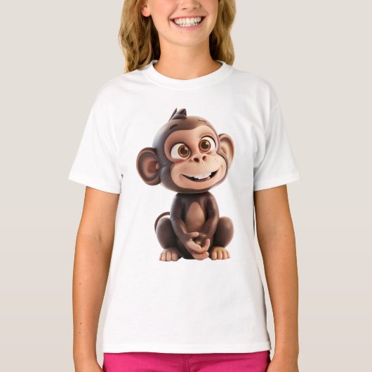 幸せな3Dモンキー - かわいい笑顔のモンキー・キャラクター Tシャツ (正面)