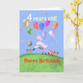 幸せな4歳の誕生日の子羊とバルーン カード (黄色い花)