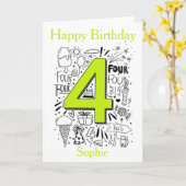 幸せな4歳の誕生日名前をカスタムするグリーン挨拶 カード (黄色い花)