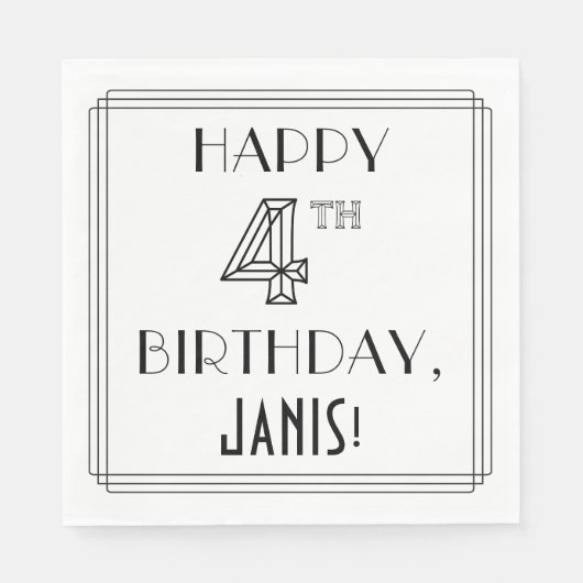 幸せな4歳の誕生日;アールデコスタイル;名前をカスタムする スタンダードランチョンナプキン (正面)