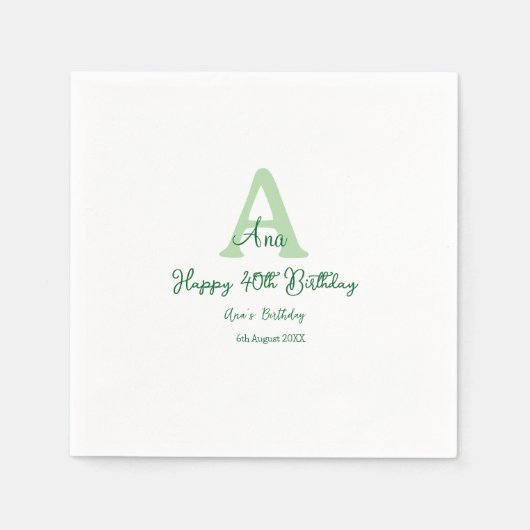 幸せな40th誕生日の緑の名前モノグラムを追加モダン スタンダードカクテルナプキン (正面)
