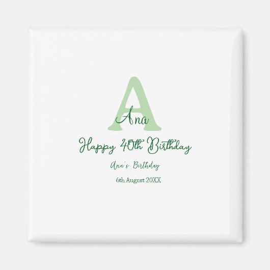 幸せな40th誕生日の緑の名前モノグラムを追加モダン マグネット (正面)