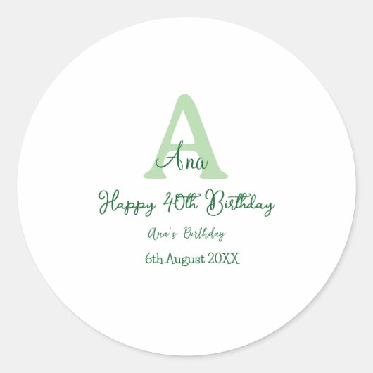 幸せな40th誕生日の緑の名前モノグラムを追加モダン ラウンドシール (正面)