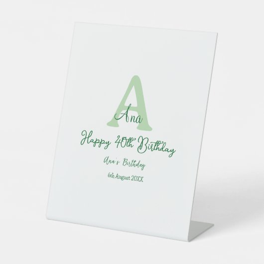幸せな40th誕生日の緑の名前モノグラムを追加モダン 台座サイン (正面)
