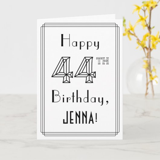 幸せな44番目の誕生日、アールデコスタイルと名前をカスタムする カード (黄色い花)