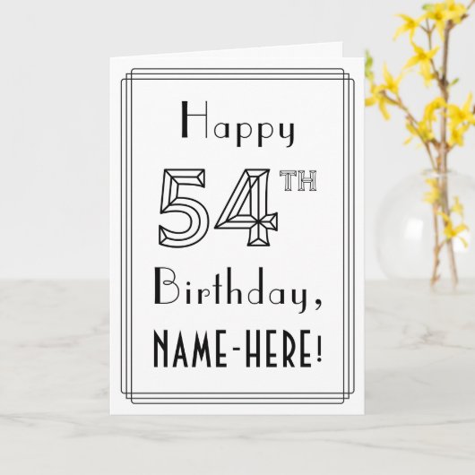 幸せな54番目の誕生日、アールデコスタイルと名前をカスタムする カード (黄色い花)