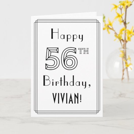 幸せな56番目の誕生日、アールデコスタイルと名前をカスタムする カード (黄色い花)