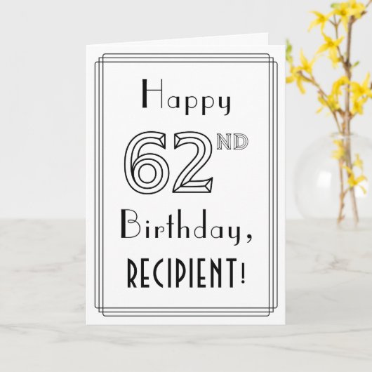 幸せな62番目の誕生日、アールデコスタイルと名前をカスタムする カード (黄色い花)