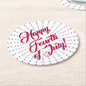 幸せな7月4日スクリプト赤と青の星 ラウンドペーパーコースター (アングル)