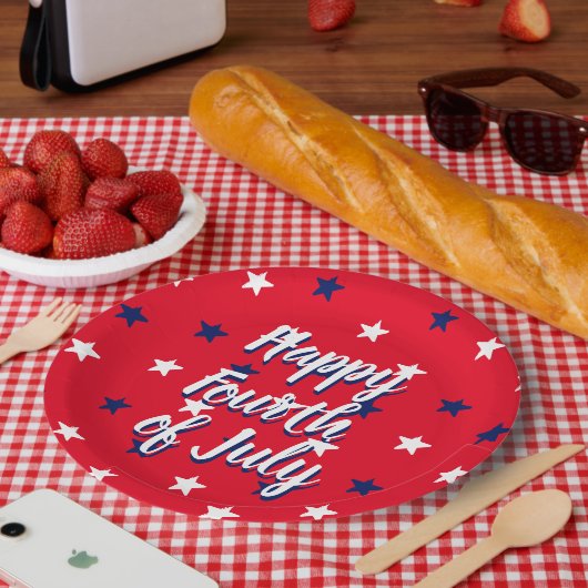 幸せな7月4日スクリプト赤白青星 ペーパープレート (ピクニック)