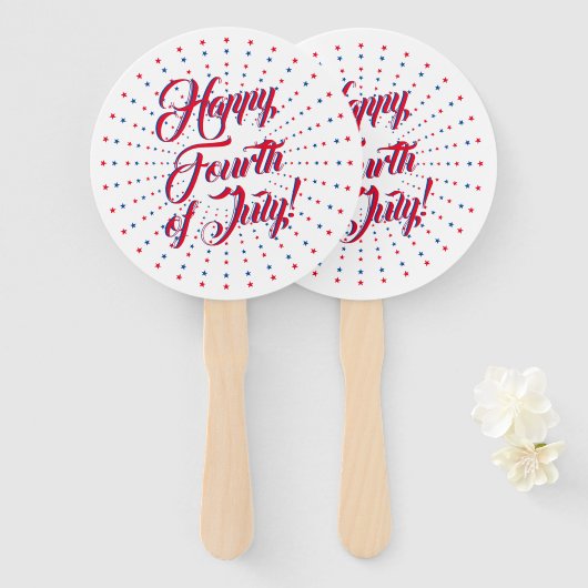 幸せな7月4日赤白青星の花火 ハンドファン (正面&裏面)