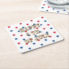 幸せな7月4日、金ゴールド、赤白青星 スクエアペーパーコースター