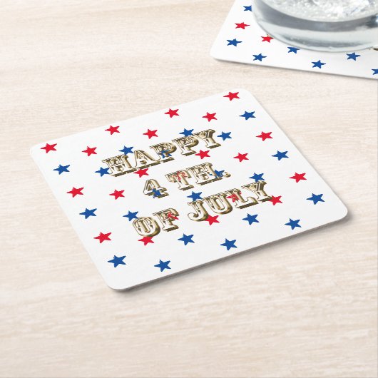幸せな7月4日、金ゴールド、赤白青星 スクエアペーパーコースター (アングル)