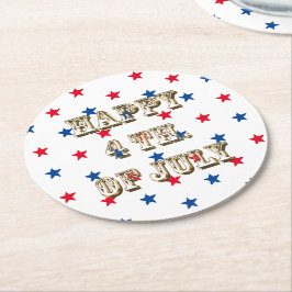 幸せな7月4日、金ゴールド、赤白青星 ラウンドペーパーコースター
