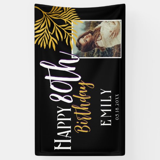 幸せな80誕生日金ゴールドの葉写真の背景 横断幕 (縦)