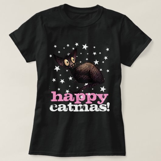 幸せなCatmas! -女性のおもしろいなクリスマス猫 Tシャツ (デザイン正面)