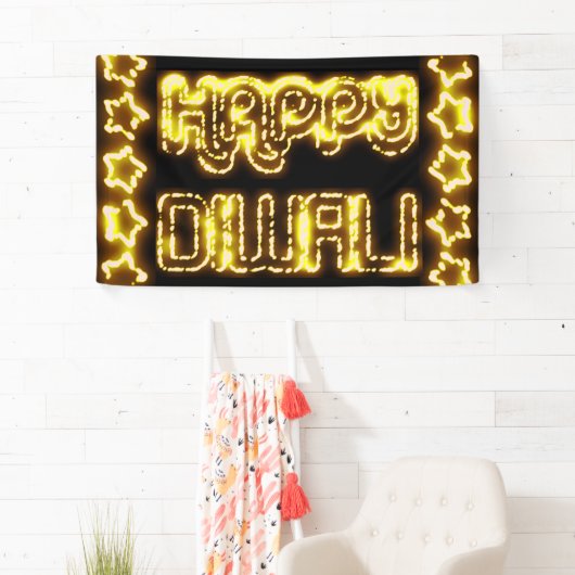 幸せなDiwali黄色い金ライトタイポグラフィの星 横断幕 (インサイチュ)