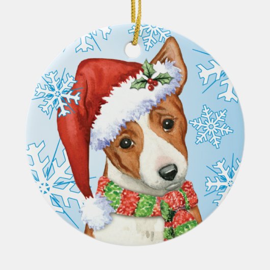 幸せなHowliday Basenji セラミックオーナメント (正面)