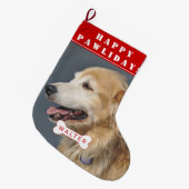 幸せなpawlidays犬ペット赤いクリスマスフォト ラージクリスマスストッキング (正面 (吊り時))