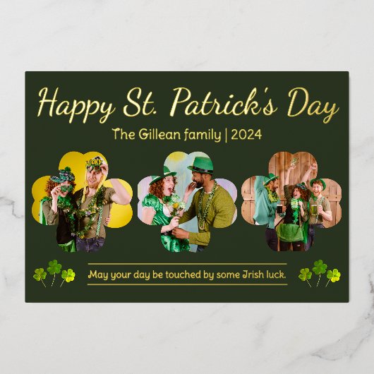 幸せなSt patricks dayシャムロックの家族の写真 箔シーズンカード (正面)