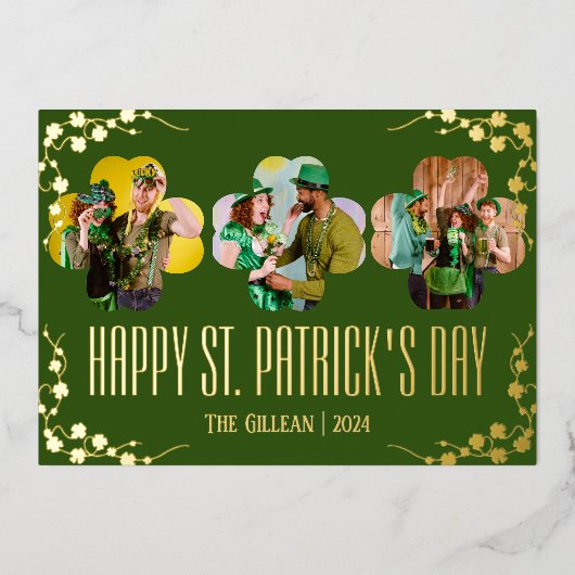 幸せなSt patricks dayシャムロックの家族の写真 箔シーズンカード (正面)